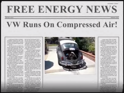 Free energy newspaper, VW runs on compressed air, with pohto of VA car.