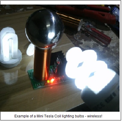 Photo of a small Tesla generator, lighting light bulbs