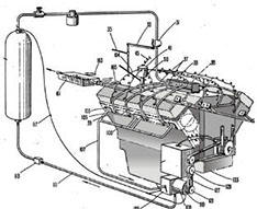 Patent drawing of a V8 engine running on water, hydrogen tank.